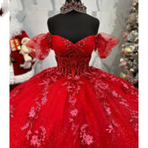 Off-Shoulder Red Quinceanera Dress Lace Applique & Beaded Tulle Princess Gown for Sweet 16 or Birthday Celebrations